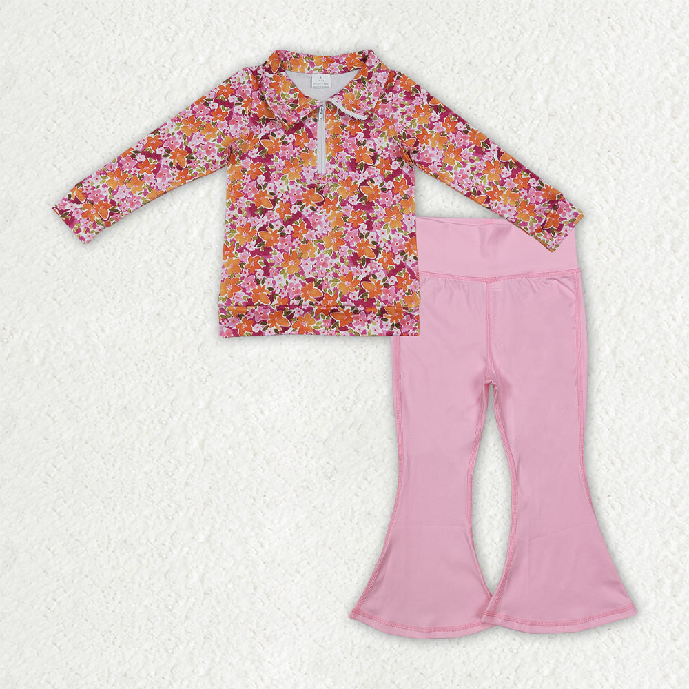 NO MOQ RTS GLP3856-bundle Baby Girl Clothes Pink Orange Floral Print Long Sleeve Half Zip Collar Top Solid Pink Stretch Flare Pant Outfit 202609