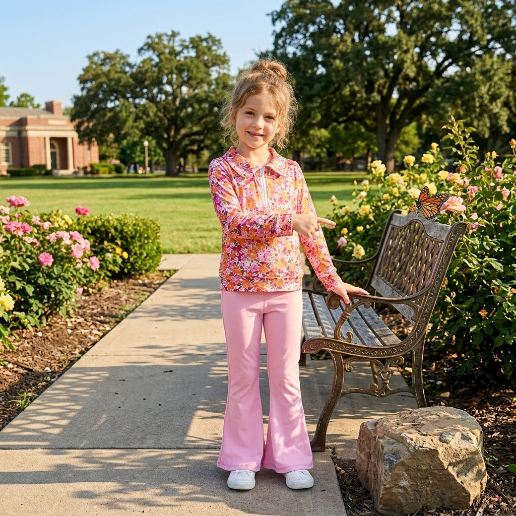 NO MOQ RTS GLP3856-bundle Baby Girl Clothes Pink Orange Floral Print Long Sleeve Half Zip Collar Top Solid Pink Stretch Flare Pant Outfit 202609