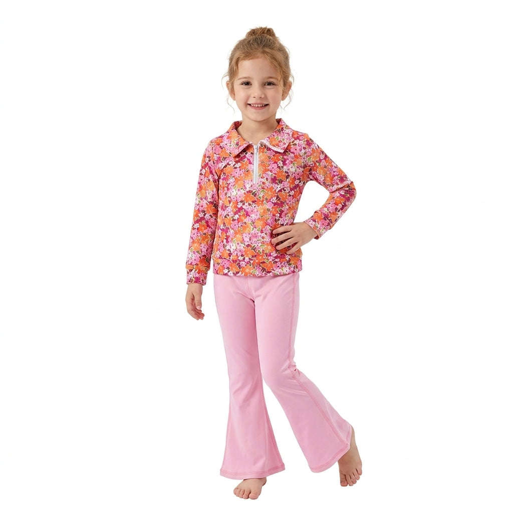 NO MOQ RTS GLP3856-bundle Baby Girl Clothes Pink Orange Floral Print Long Sleeve Half Zip Collar Top Solid Pink Stretch Flare Pant Outfit 202609