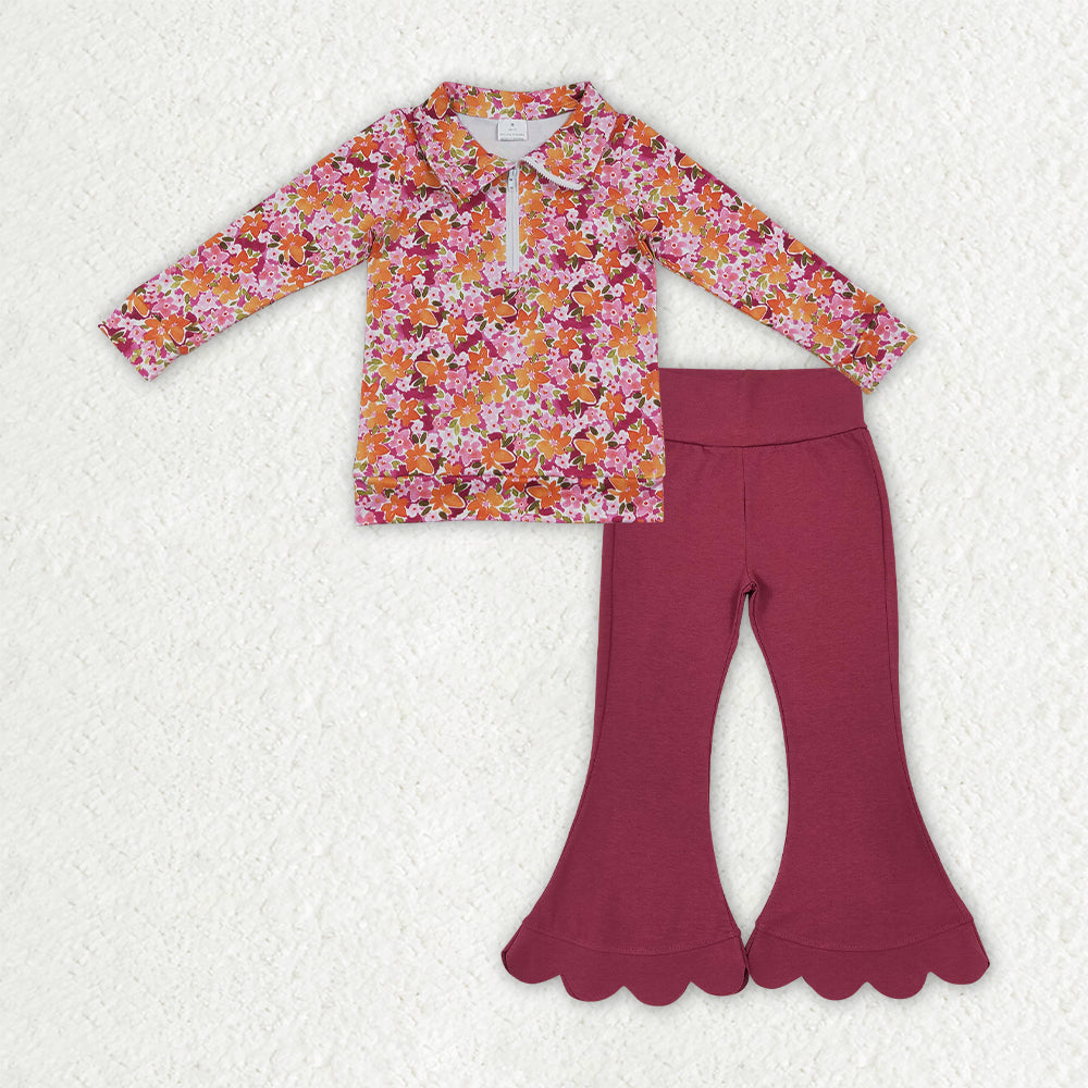 NO MOQ RTS GLP3857-bundle Baby Girl Clothes Pink Orange Floral Print Long Sleeve Half Zip Collar Top Maroon Scallop Hem Flare Pant Outfit 202609