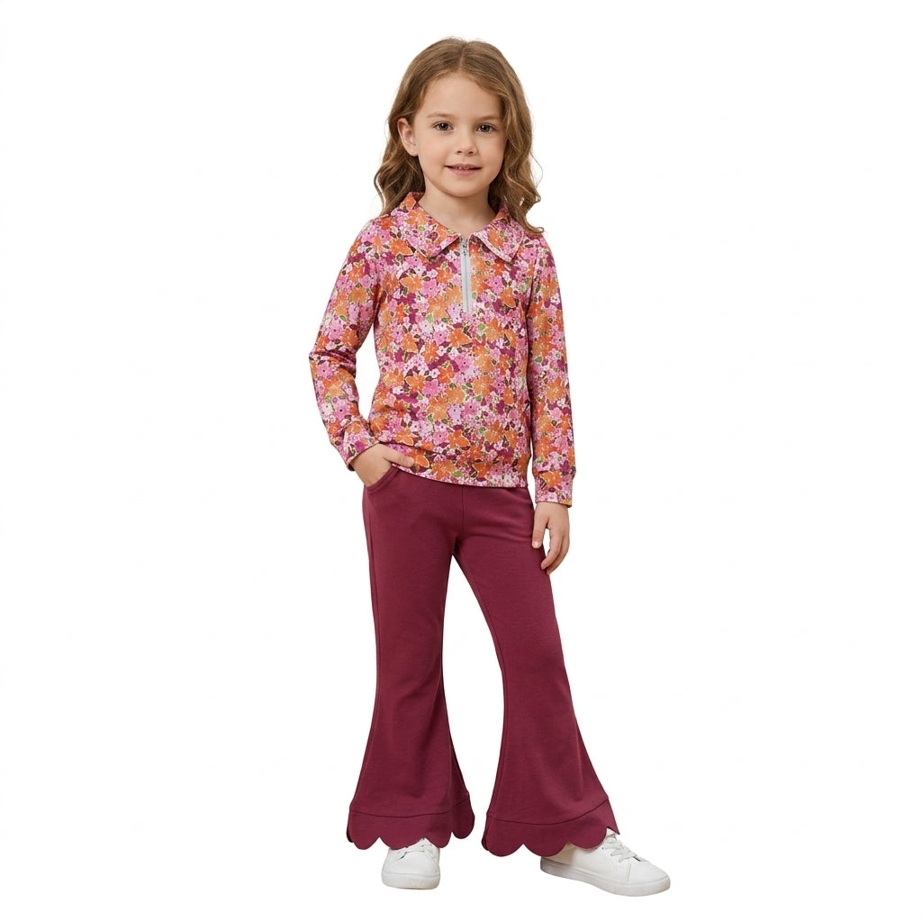 NO MOQ RTS GLP3857-bundle Baby Girl Clothes Pink Orange Floral Print Long Sleeve Half Zip Collar Top Maroon Scallop Hem Flare Pant Outfit 202609