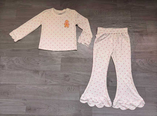 Sample-Real Pics GLP3859 Baby Girl Clothes Pink Polka Dot Gingerbread Graphic Print Long Sleeve Scalloped Flare Pant Set
