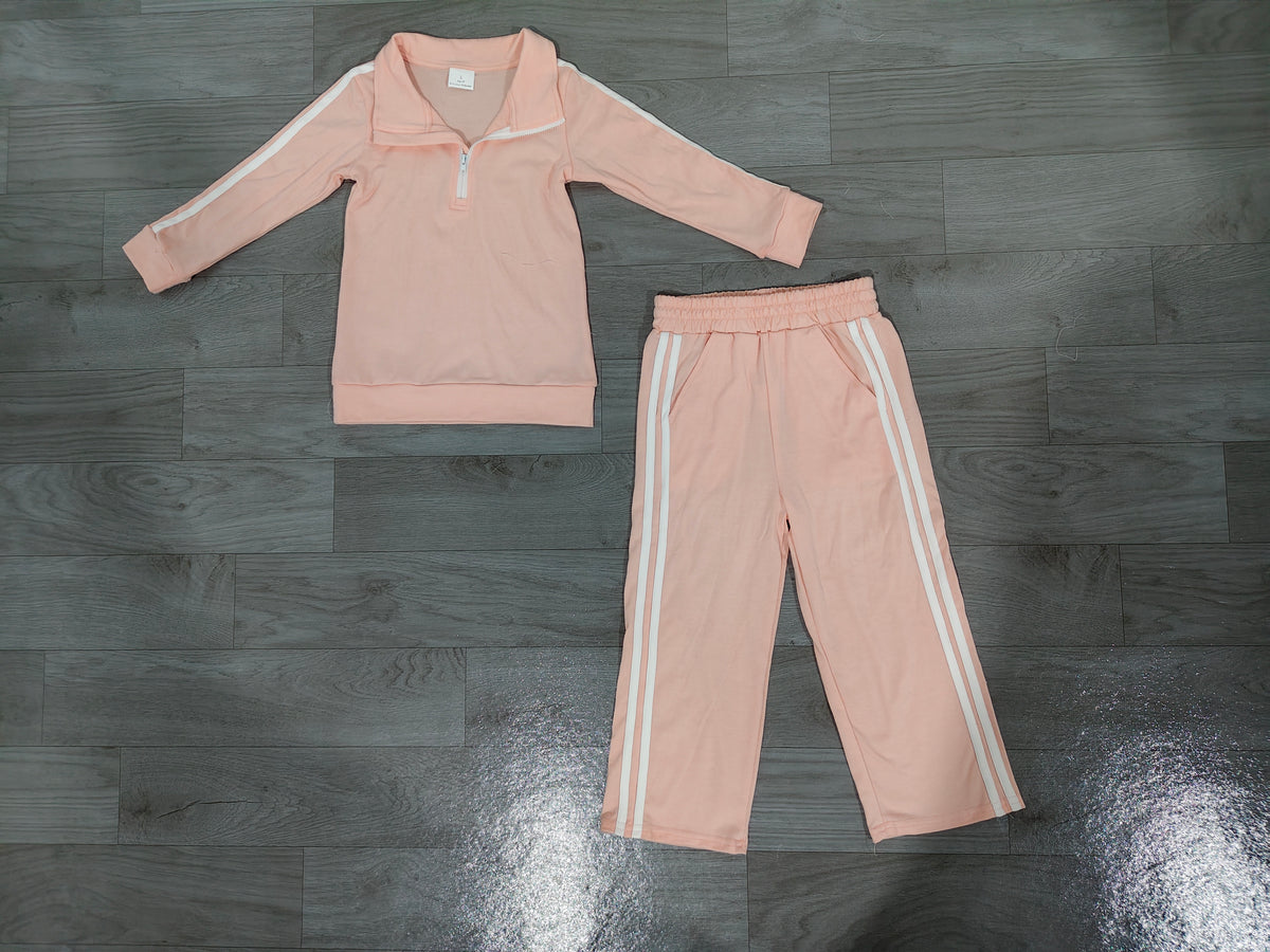 Sample-Real Pics GLP3860 Baby Girl Clothes Solid Pink Side Stripe Long Sleeve Half Zip Top Wide Leg Pant Set