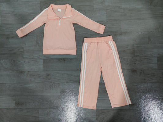 Sample-Real Pics GLP3860 Baby Girl Clothes Solid Pink Side Stripe Long Sleeve Half Zip Top Wide Leg Pant Set