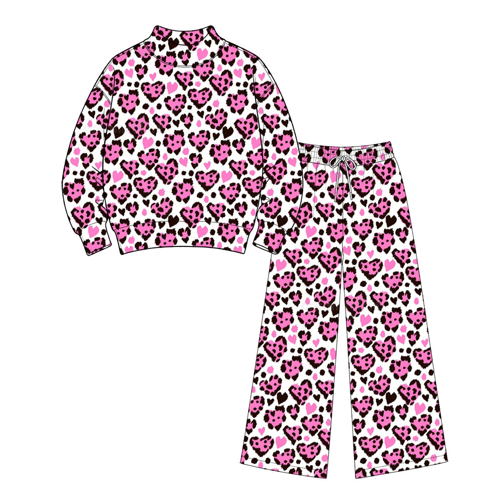 Preorder GLP3862 Pink LOVE Leopard Adult Women’s Yoga Set – 2 Piece Mock Neck Pullover & Wide Leg Pants Active Loungewear