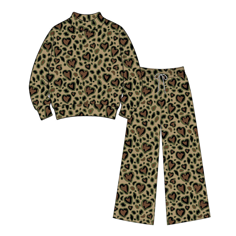 Preorder GLP3862 GREEN LOVE Leopard Adult Women’s Yoga Set – 2 Piece Mock Neck Pullover & Wide Leg Pants Active Loungewear