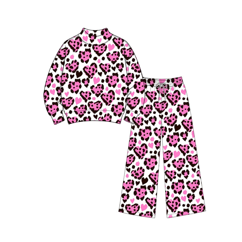preorder GLP3863 pink love Leopard Girls Yoga Set – 2 Piece Mock Neck Pullover & Wide Leg Pants Outfit