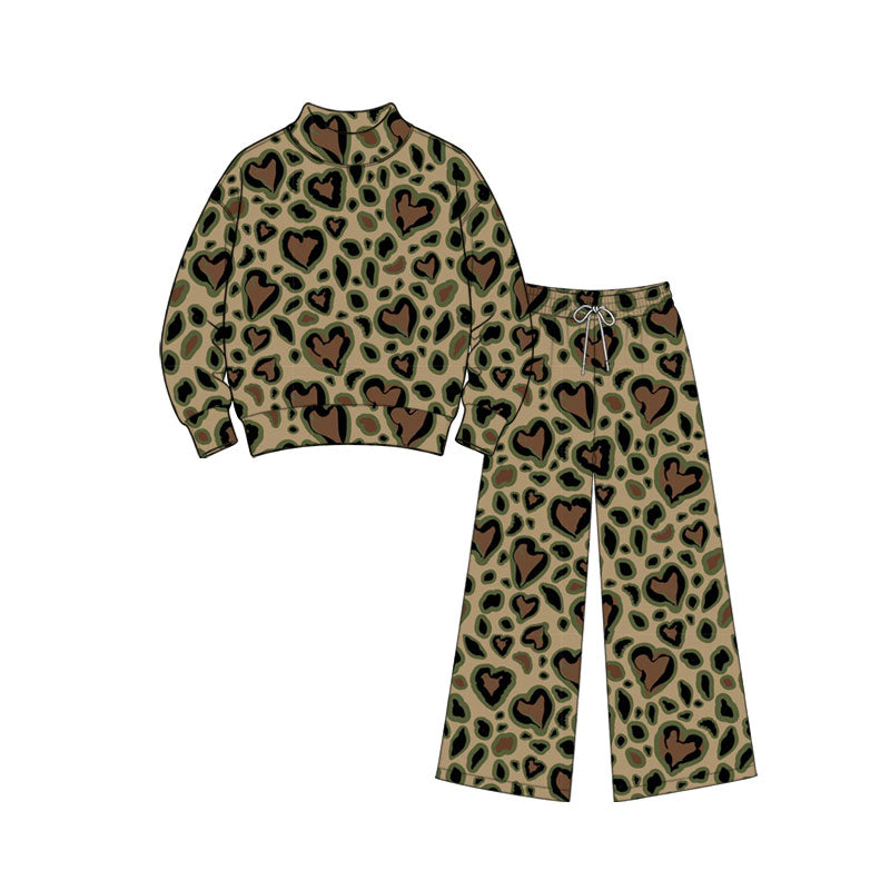 preorder GLP3864 Green love Leopard Girls Yoga Set – 2 Piece Mock Neck Pullover & Wide Leg Pants Outfit