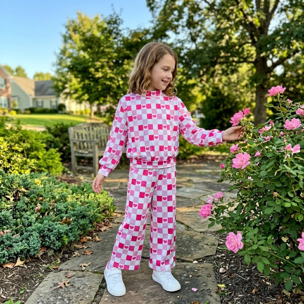 NO MOQ RTS GLP3867 Baby Girl Clothes Pink Heart Checkerboard Mixed Print Long Sleeve Top Wide Leg Pant Set 202610
