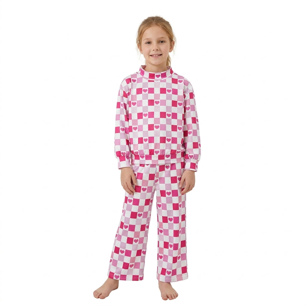 NO MOQ RTS GLP3867 Baby Girl Clothes Pink Heart Checkerboard Mixed Print Long Sleeve Top Wide Leg Pant Set 202610