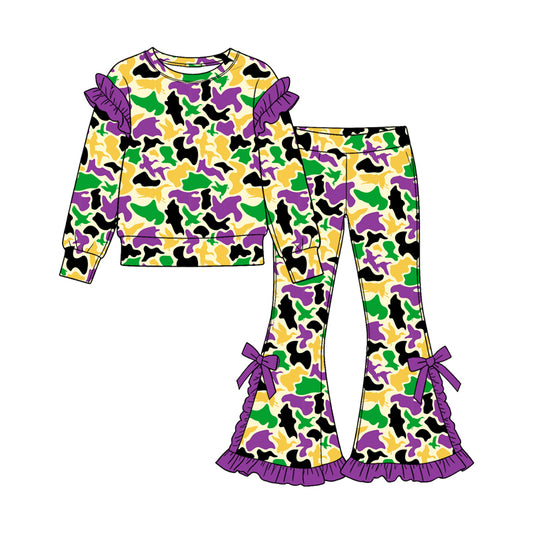 Preorder GLP3871 Baby Girl Clothes Mardi Gras Duck Camo Carnival Print Long-sleeve Ruffle Top Bow Flare Pants Set