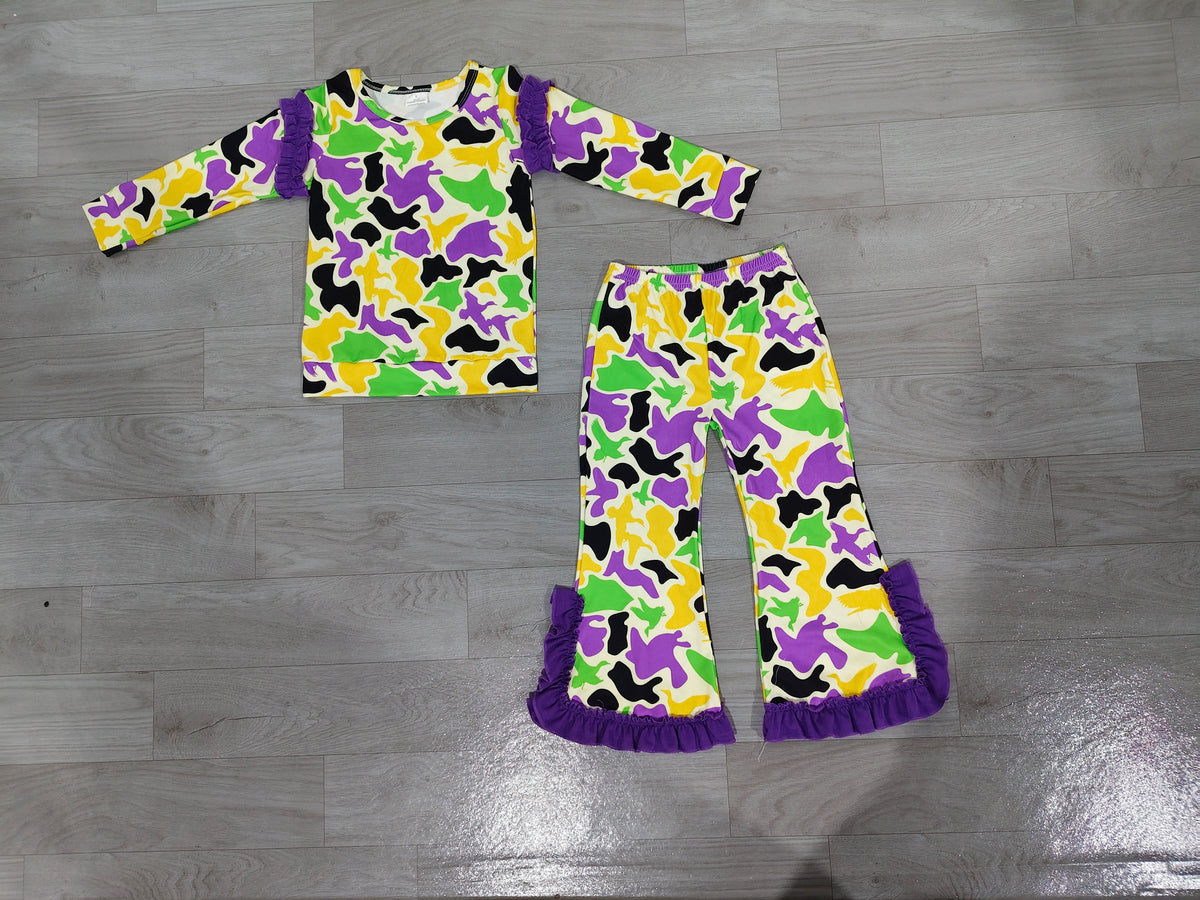 Sample-Real Pics GLP3871 Baby Girl Clothes Mardi Gras Camo Print Ruffle Long Sleeve Top Flare Pant Set