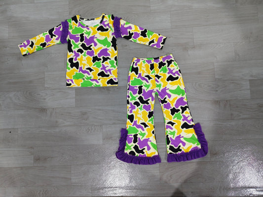 Sample-Real Pics GLP3871 Baby Girl Clothes Mardi Gras Camo Print Ruffle Long Sleeve Top Flare Pant Set