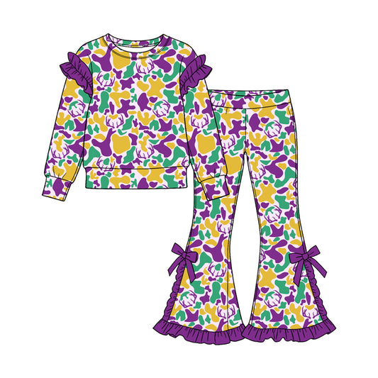 Preorder GLP3872 Baby Girl Clothes Mardi Gras Deer Carnival Camo Print Long‑sleeve Ruffle Top Bow Flare Pants Set