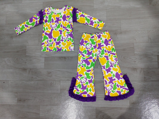 Sample-Real Pics GLP3872 Baby Girl Clothes Mardi Gras Deer Camo Print Ruffle Long Sleeve Top Flare Pant Set