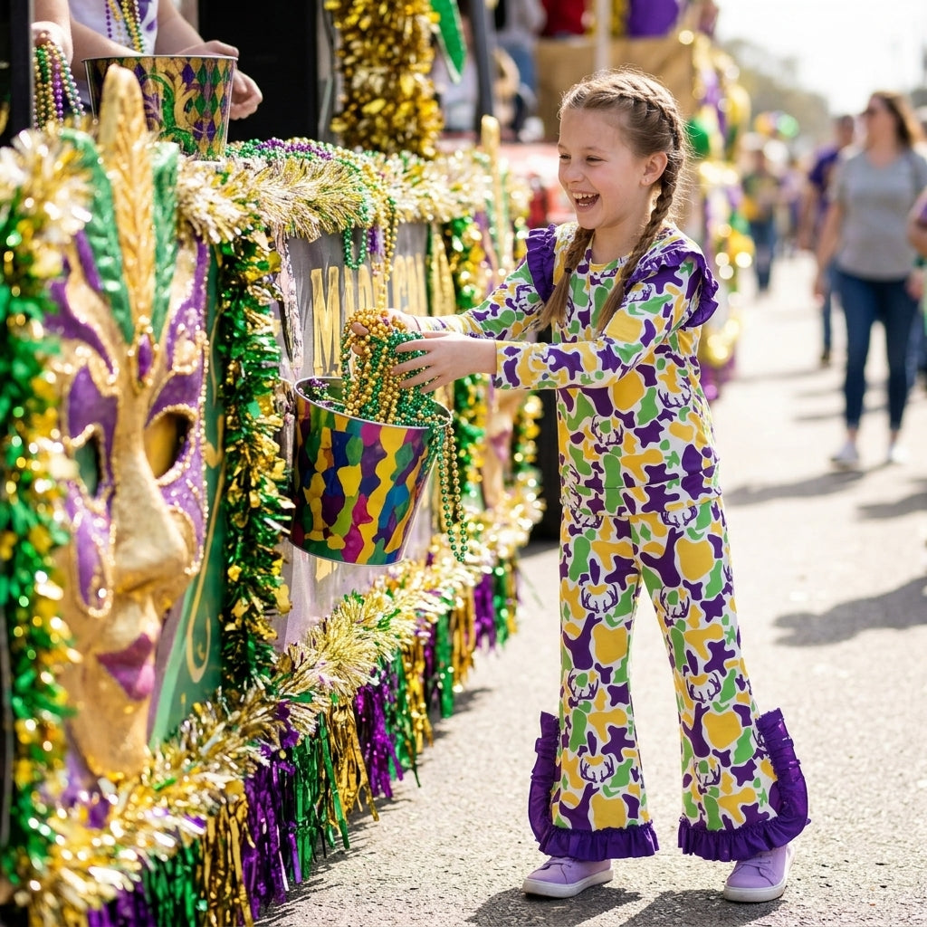 NO MOQ RTS GLP3872 Baby Girl Clothes Mardi Gras Deer Camo Print Long Sleeve Flare Pant Set 202610