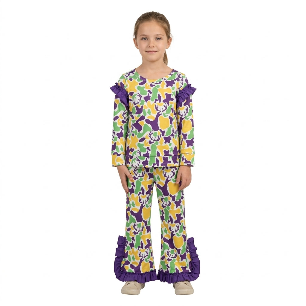 NO MOQ RTS GLP3872 Baby Girl Clothes Mardi Gras Deer Camo Print Long Sleeve Flare Pant Set 202610