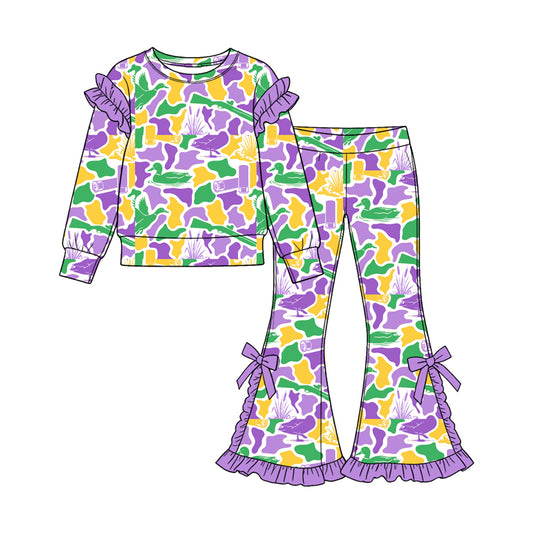 Preorder GLP3873 Baby Girl Clothes Carnival Mardi Gras Hunting Duck Camo Print Long-sleeve Ruffle Top Bow Flare Pants Set