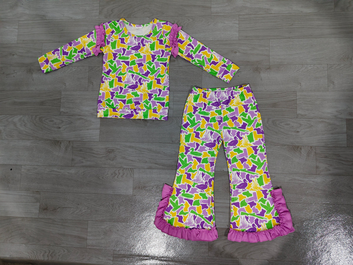 Sample-Real Pics GLP3873 Baby Girl Clothes Mardi Gras Duck Camo Print Ruffle Long Sleeve Top Flare Pant Set