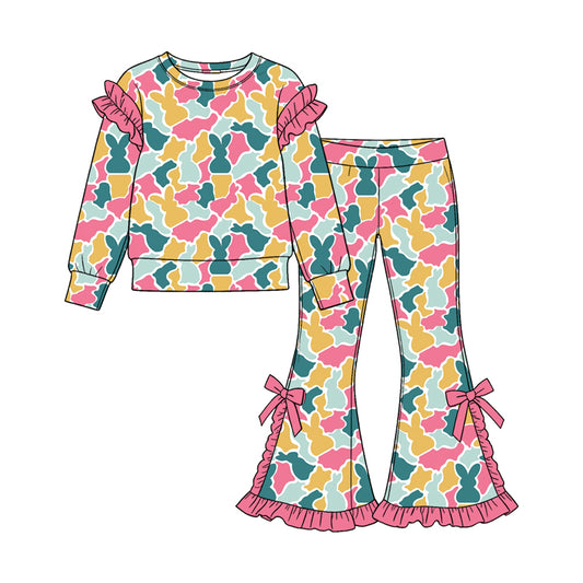 Preorder GLP3874 Baby Girl Clothes Easter Bunny Camo Print Long‑sleeve Ruffle Top Bow Flare Pants Set