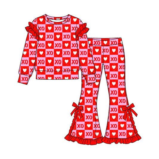 Preorder GLP3875 Baby Girl Clothes Valentine XO Heart Checkerboard Print Long-sleeve Ruffle Top Bow Flare Pants Set