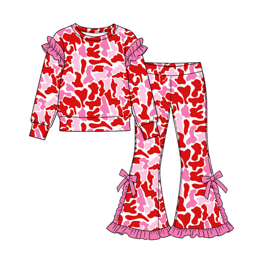 Preorder GLP3876 Baby Girl Clothes Valentine Heart Camo Print Long‑sleeve Ruffle Top Bow Flare Pants Set