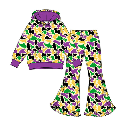 Preorder GLP3877 girl clothes Colorful Carnival Camo Long Sleeve Hoodie Flare Pants 2‑Piece Outfit Set