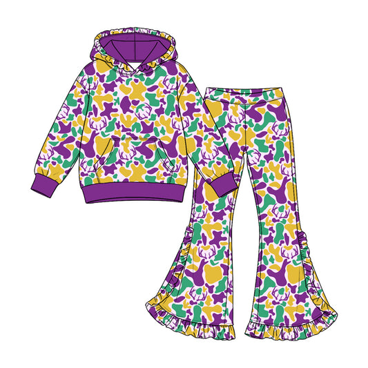 Preorder GLP3878 girl clothes Carnival Floral Camo Long Sleeve Hoodie Flare Pants 2‑Piece Outfit Set