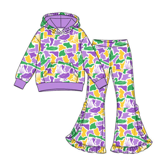 Preorder GLP3879 girl clothes Mardi Carnival Gras Camo Long Sleeve Hoodie Ruffle Flare Pants 2‑Piece Outfit Set