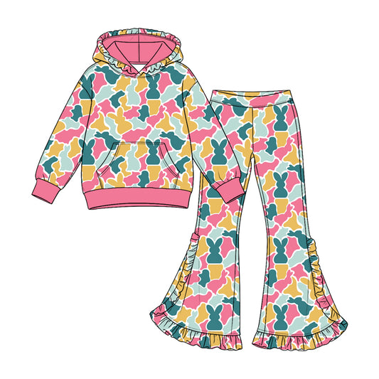 Preorder GLP3880 girl clothes Easter Bunny Camo Long Sleeve Hoodie Ruffle Flare Pants 2‑Piece Outfit Set