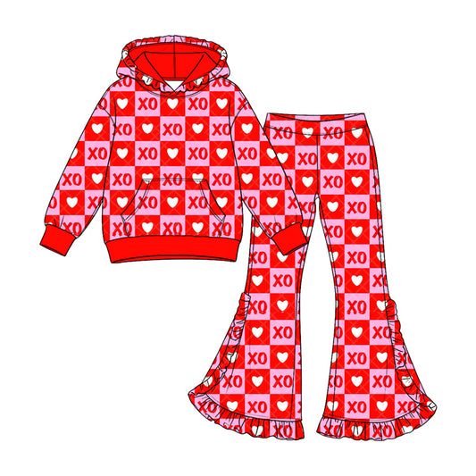 Preorder GLP3881 girl clothes Valentine XO Heart Checker Long Sleeve Hoodie Ruffle Flare Pants 2‑Piece Outfit Set