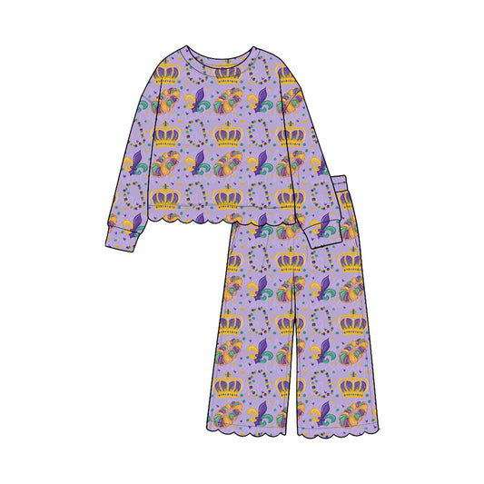 Preorder GLP3883 Baby Girl Clothes Mardi Gras Crown Fleur-de-lis Print Long-sleeve Scallop Top Wide Leg Pants Set