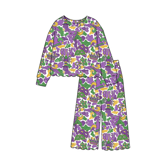 Preorder GLP3884 Baby Girl Clothes Mardi Gras Mask Crawfish Camo Print Long‑sleeve Scallop Top Wide Leg Pants Set