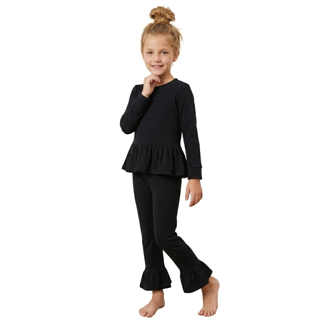 NO MOQ RTS GLP3885 Baby Girl Clothes Solid Black Ruffle Hem Long Sleeve Top Flare Pant Outfit Set 202610