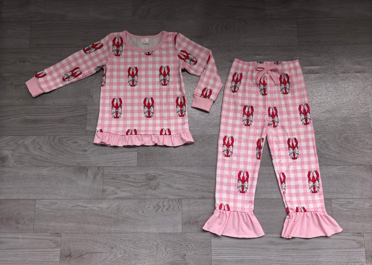Sample-Real Pics GLP3909 Baby Girl Clothes Lobster Gingham Bow Print Long Sleeve Ruffle Flare Pant Pajama Set