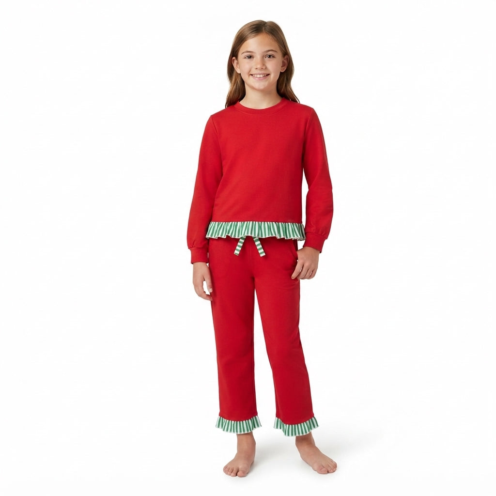 NO MOQ RTS GLP3916 Baby Girl Clothes Solid Red Green Stripe Ruffle Plain Long Sleeve Pant Outfit Set 202610