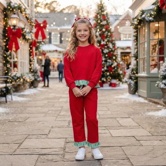 NO MOQ RTS P1153 Baby Girl Clothes Solid Red Green Stripe Ruffle Plain Long Pant 202610
