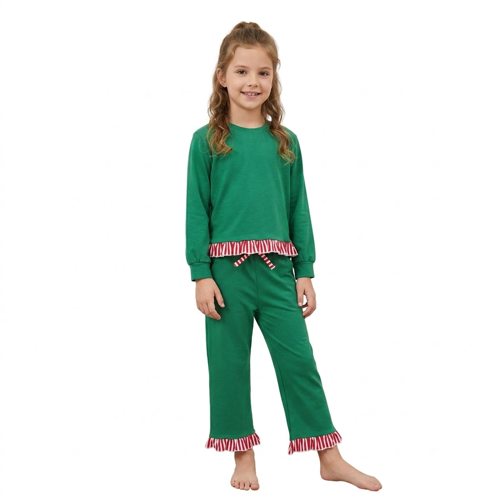 NO MOQ RTS GLP3917-bundle Baby Girl Clothes Solid Christmas Green Red White Stripe Ruffle Trim Long Sleeve Top Pant Outfit Set 202610