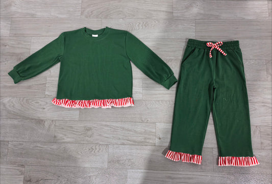 Sample-Real Pics GLP3917 Baby Girl Clothes Solid Green With Red Stripe Ruffle Print Long Sleeve Pant Set