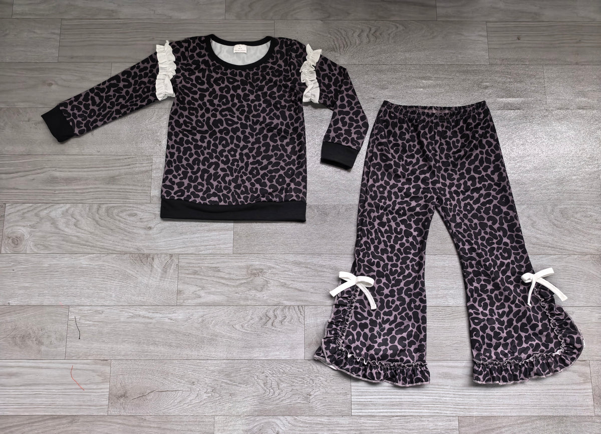 Sample-Real Pics GLP3930 Baby Girl Clothes Solid Black Lace Print Long Sleeve Top And Bow Flare Pant Set