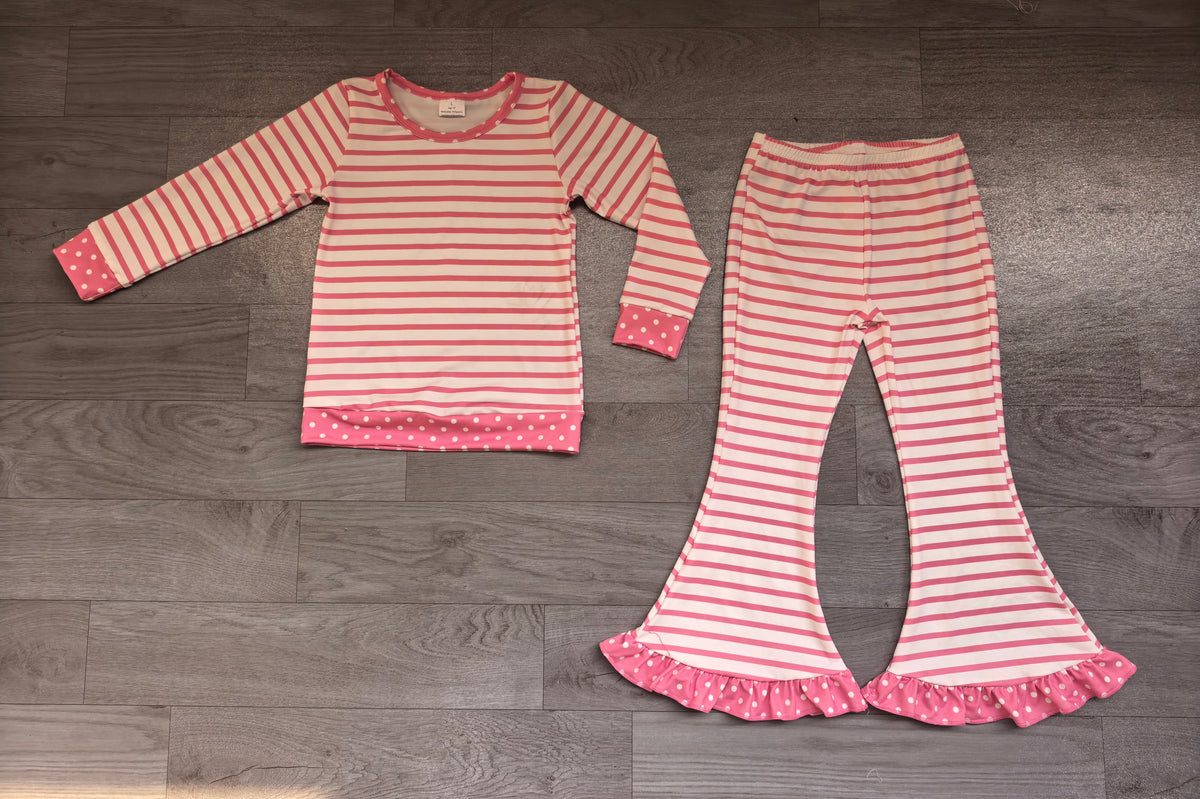 Sample-Real Pics GLP3934 Baby Girl Clothes Pink Stripe Print Long Sleeve Flare Pant Set
