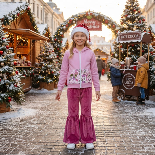 NO MOQ RTS GLP3953-bundle (2) Baby Girl Clothes Cartoon Character Print Long Sleeve Zip Hoodie Velvet Flare Pant Set 202609