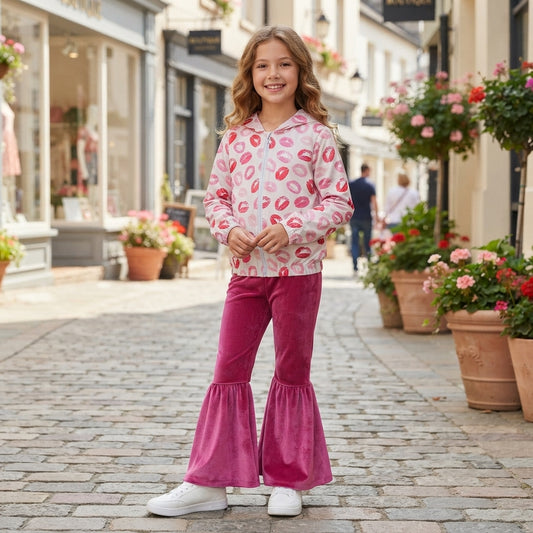 NO MOQ RTS GLP3954-bundle (2) Baby Girl Clothes Red Lip Kiss Print Long Sleeve Zip Hoodie Velvet Flare Pant Set 202609