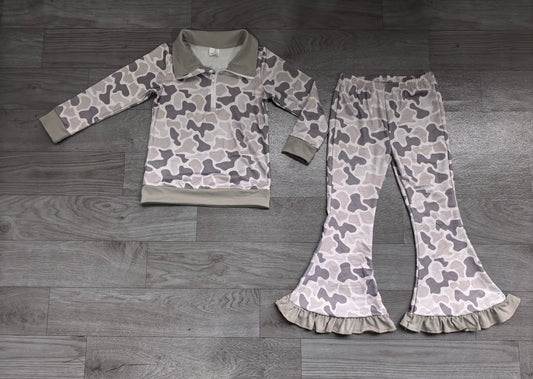Sample-Real Pics GLP3958 Baby Girl Clothes Leopard Lace Print Long Sleeve Top And Fringe Flare Pant Set