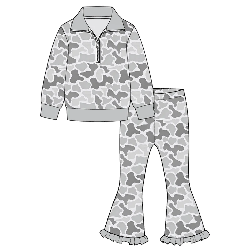 Preorder (moq 5) GLP3958 Baby Girl Clothes Grey Camo Allover Print Half Zip Top Ruffle Flare Pant Outfit Set