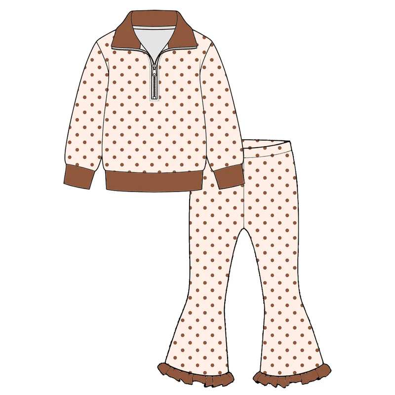 Preorder (moq 5) GLP3959 Baby Girl Clothes Brown Polka Dot Allover Print Half Zip Top Ruffle Flare Pant Outfit Set