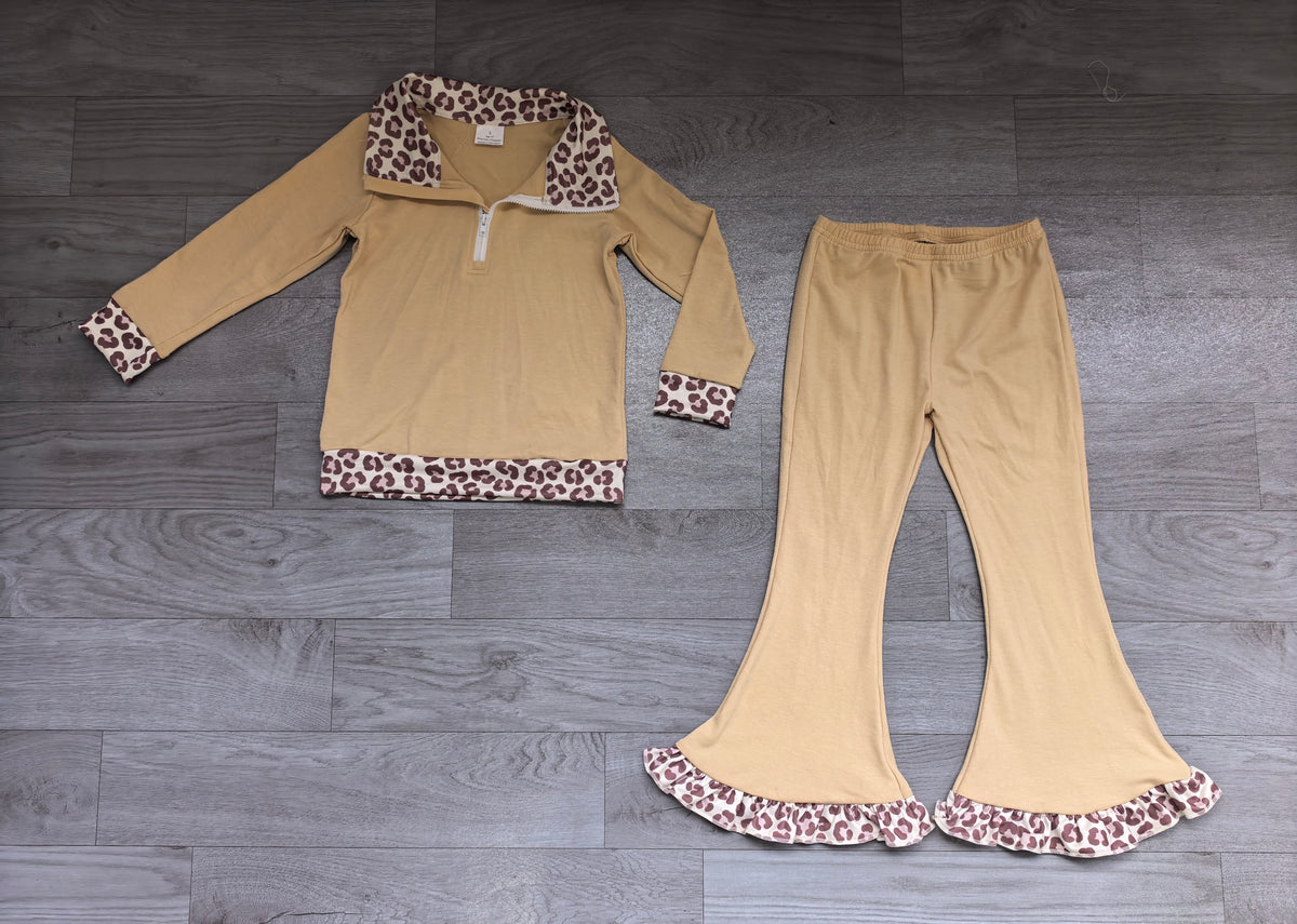 Sample-Real Pics GLP3960 Baby Girl Clothes Solid Khaki Lace Collar Print Long Sleeve Flare Pant Set