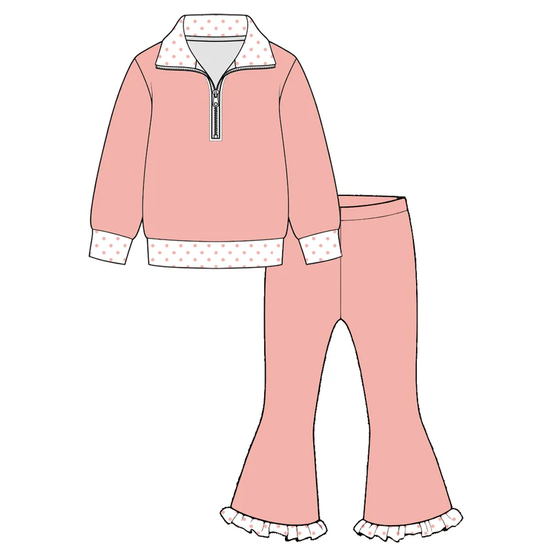 Preorder (moq 5) GLP3961 Baby Girl Clothes Solid Pink Polka Dot Trim Print Half Zip Top Ruffle Flare Pant Outfit Set