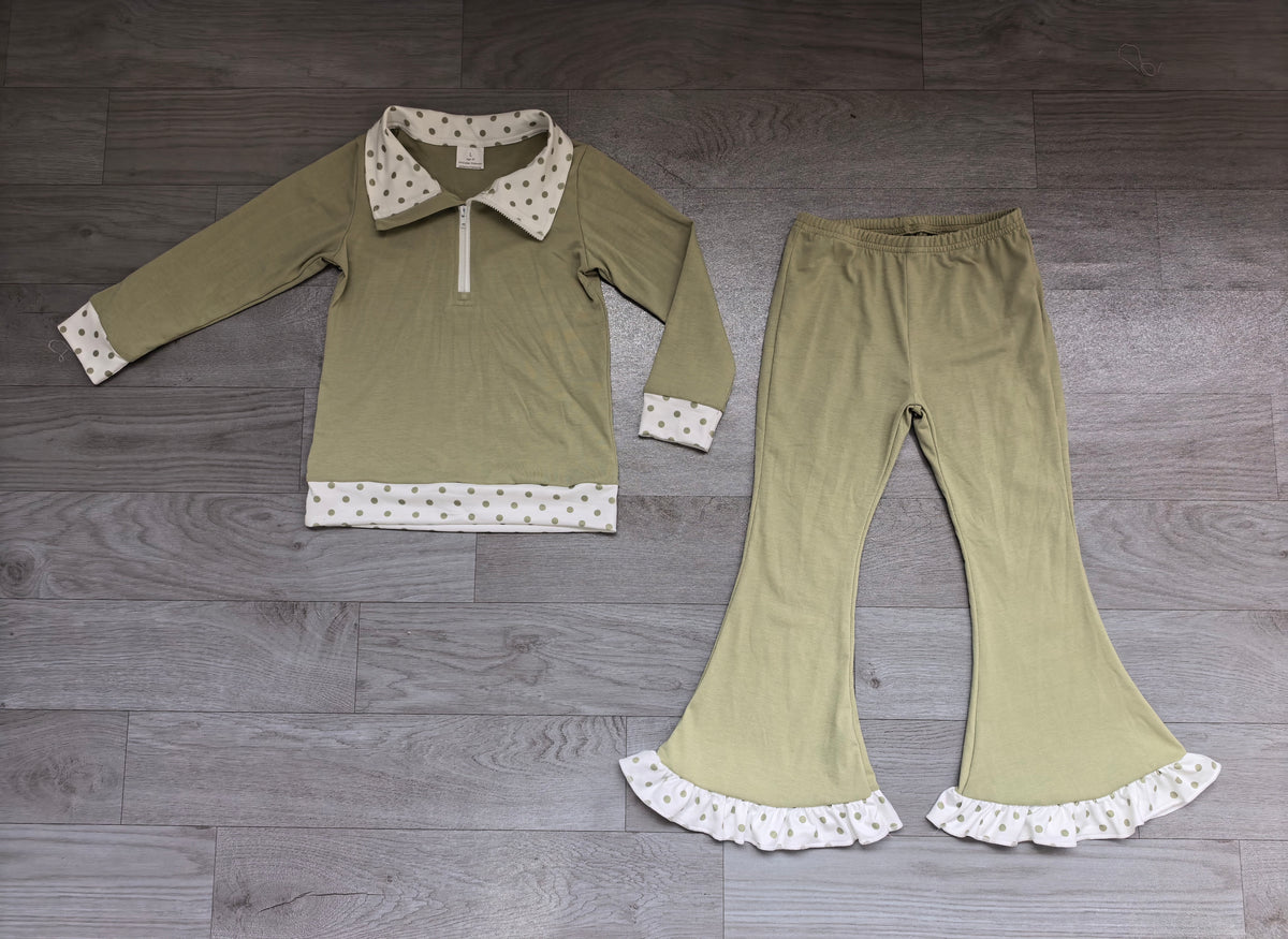 Sample-Real Pics GLP3962 Baby Girl Clothes Solid Olive Green Peter Pan Collar Long Sleeve Flare Pant Set