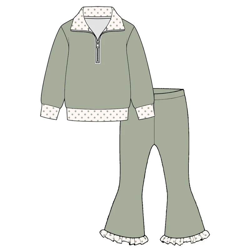 Preorder (moq 5) GLP3962 Baby Girl Clothes Solid Sage Green Polka Dot Trim Print Half Zip Top Ruffle Flare Pant Outfit Set
